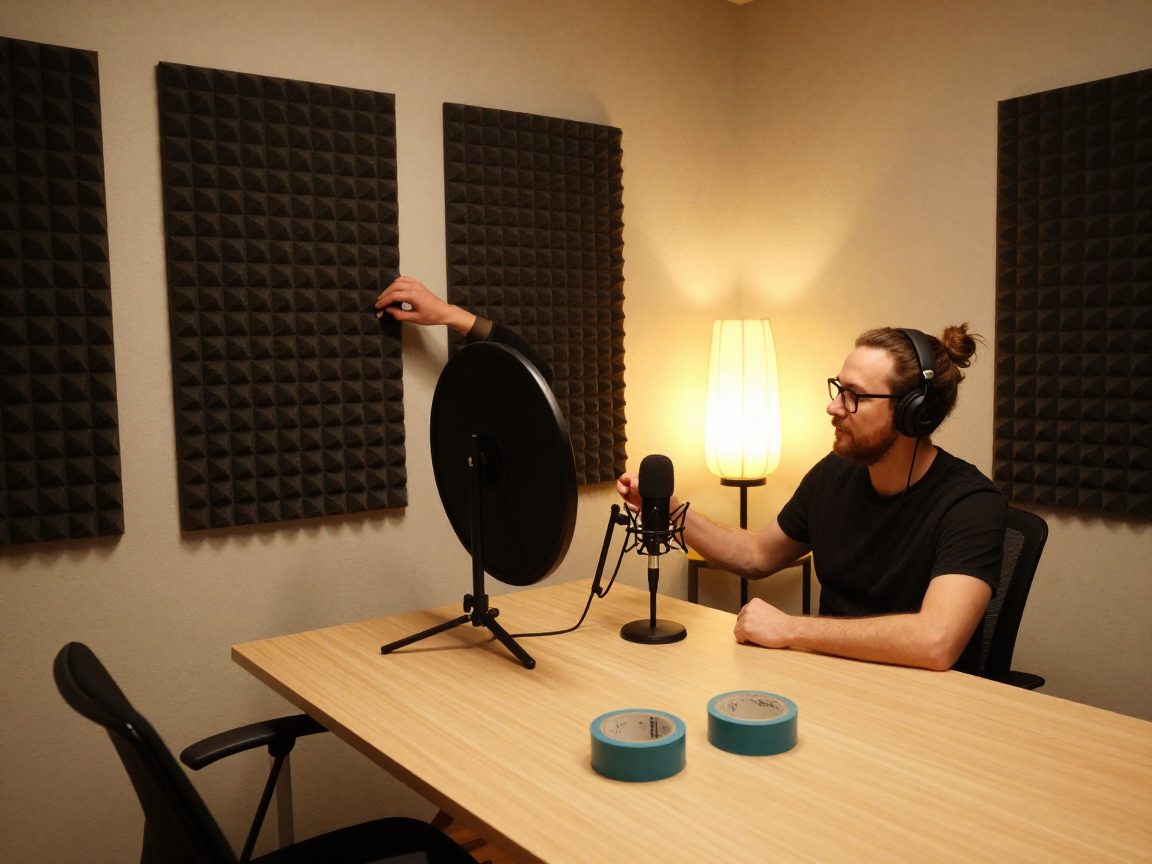 Engineer setting acoustic treatment and mic at the podcast table.