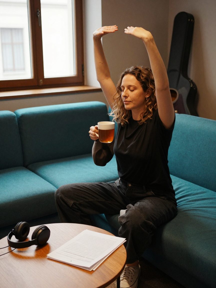 Singer warming up in the studio lounge before the session.