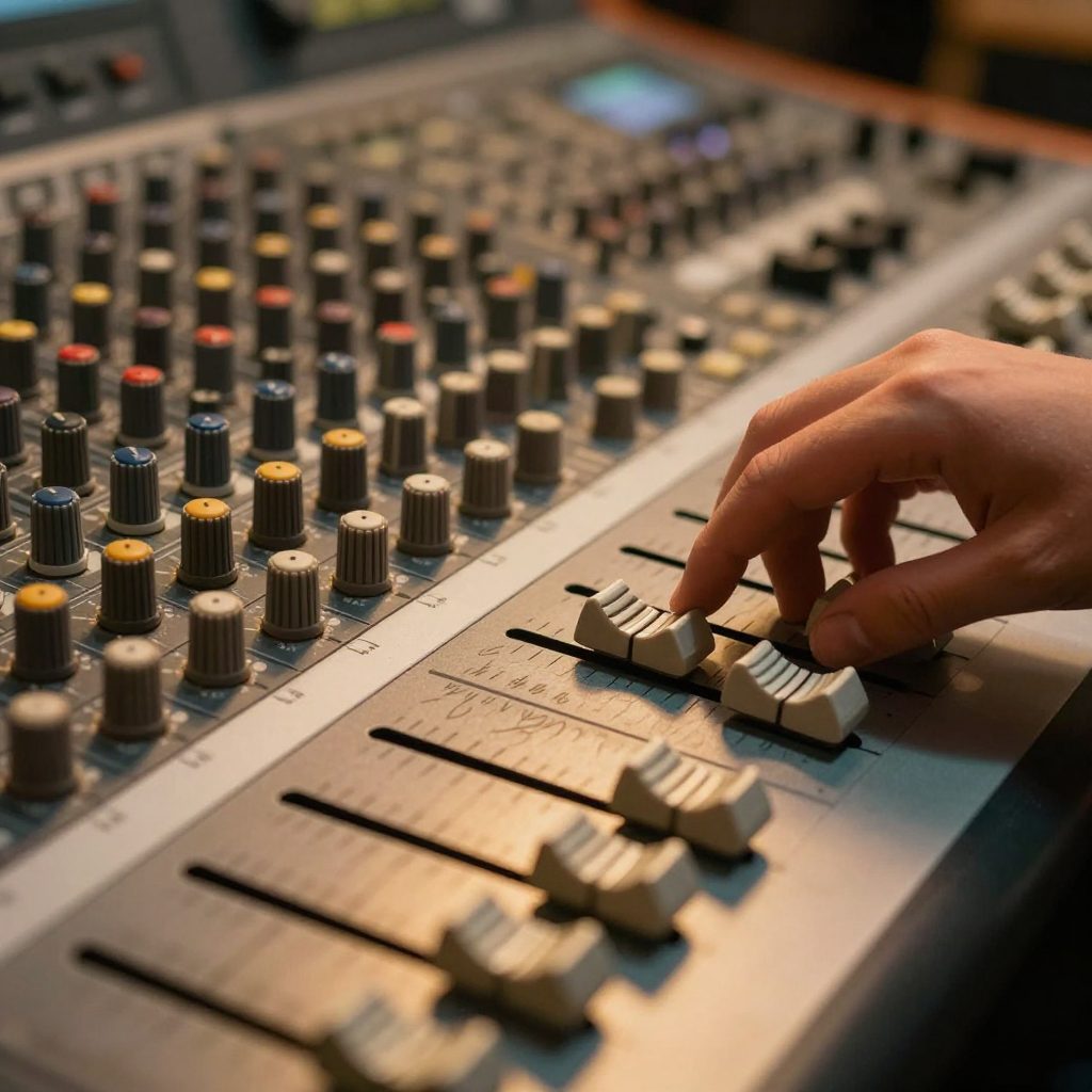 Close-up of faders on the analog console in the control room.