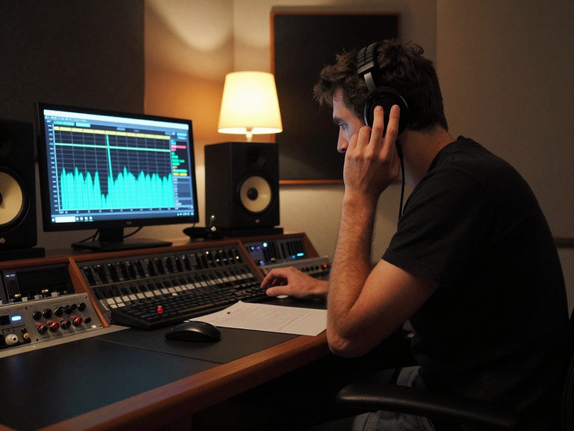Mastering workstation with headphones and outboard gear.