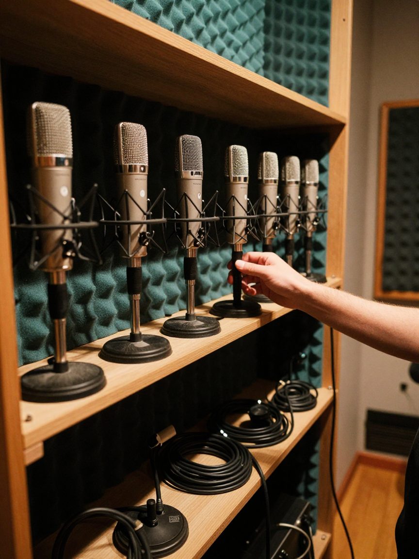 Microphone locker with several models and coiled cables.