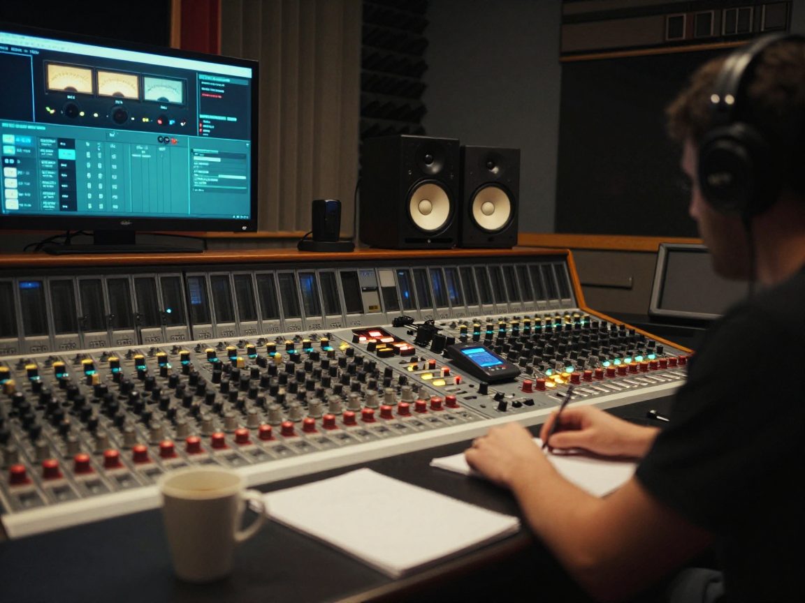 Engineer at the mixing console with monitors in the control room.