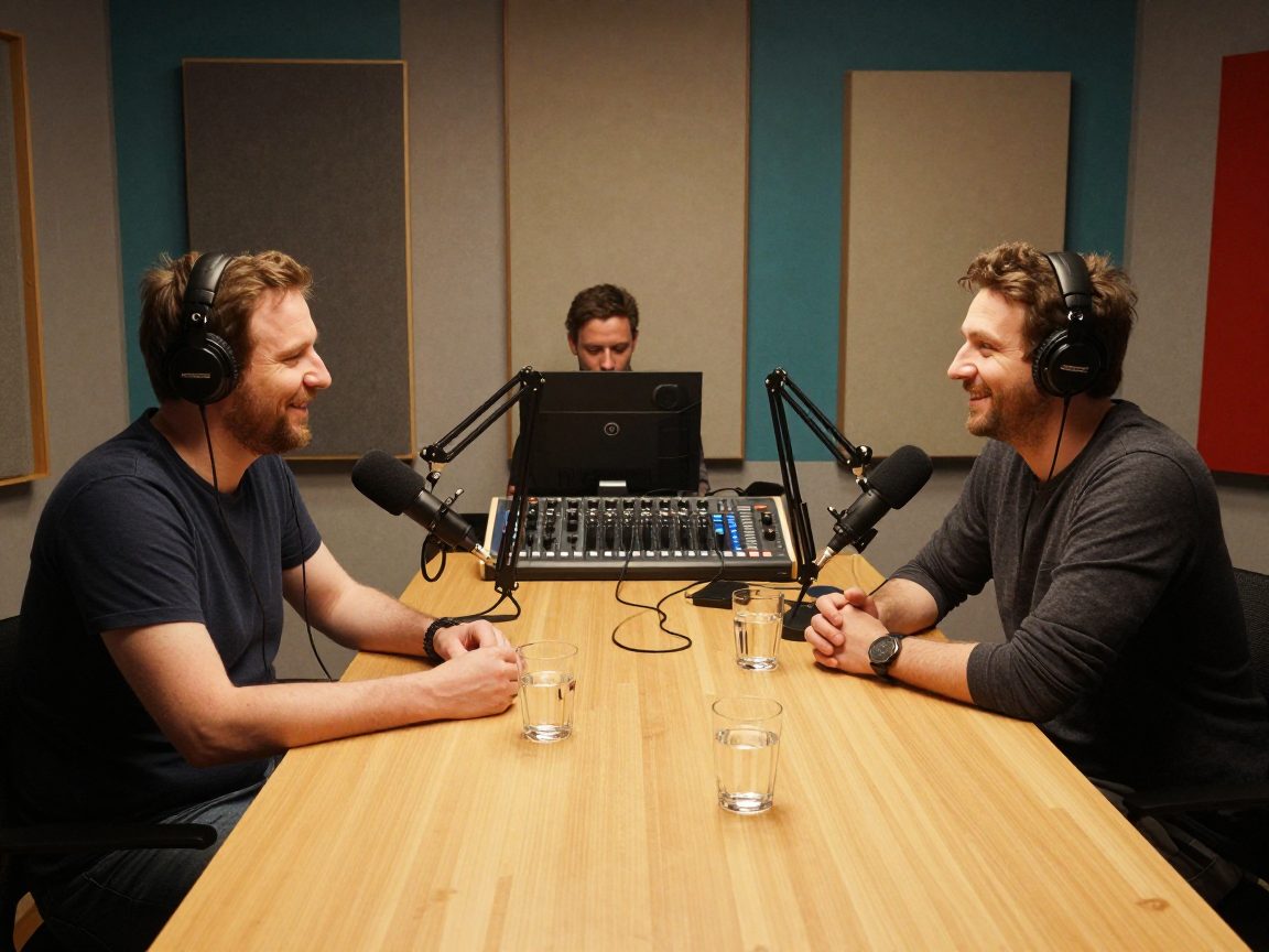 Two podcast hosts with microphones at the studio table.