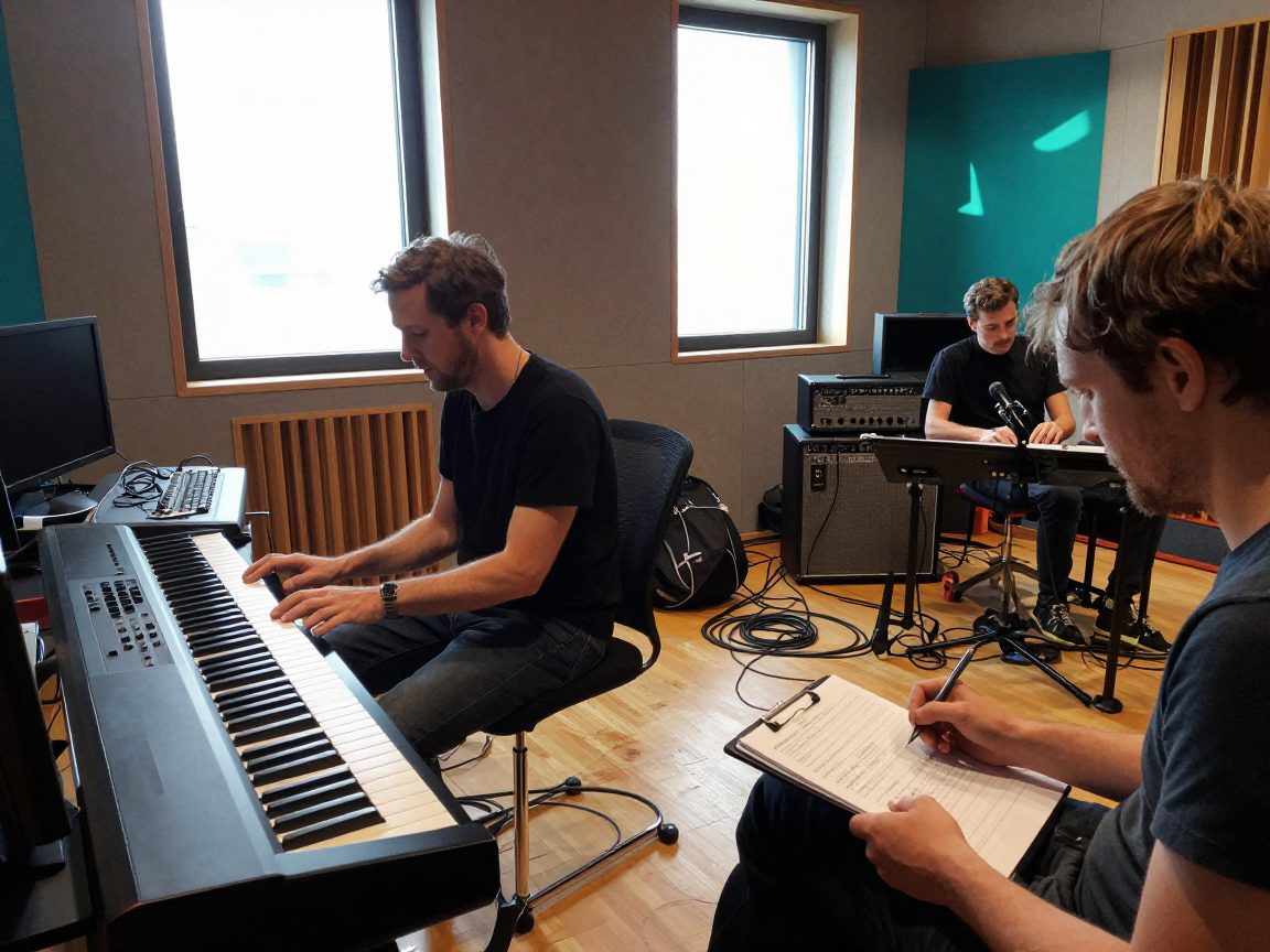 Producer at keyboard and guitarist in the live room during a session.