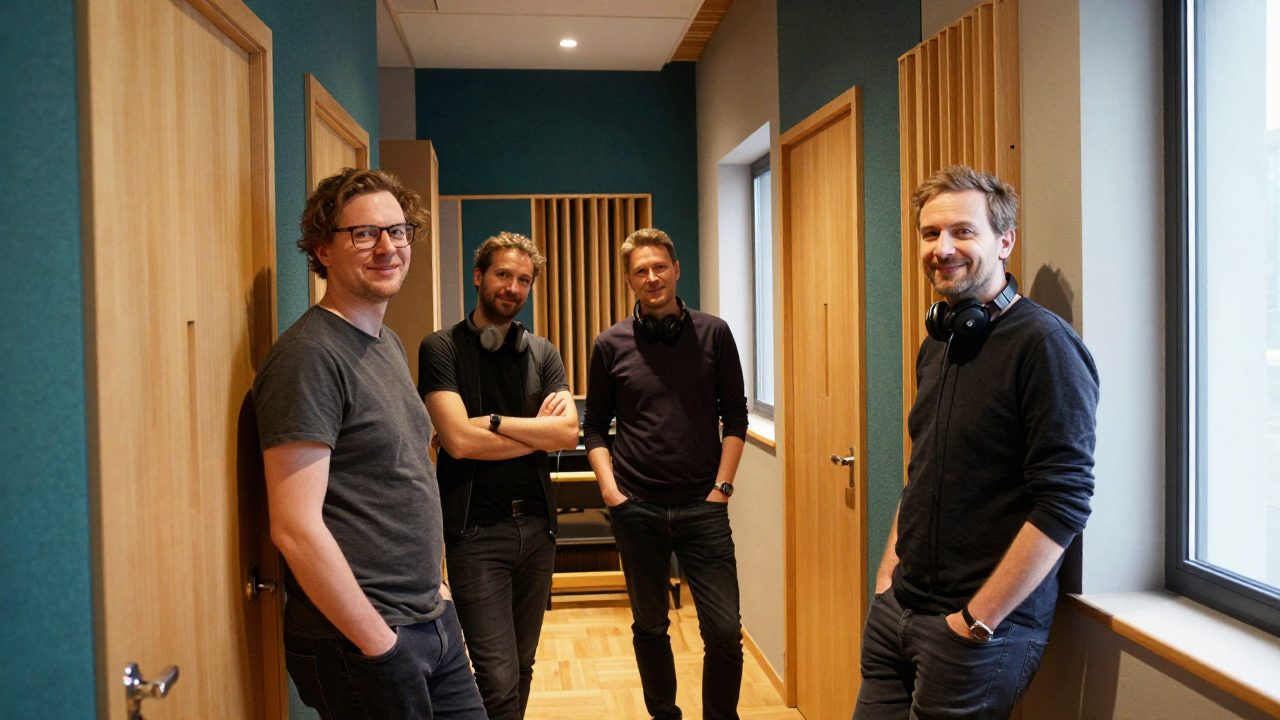 Three team members in the studio corridor by acoustic doors.