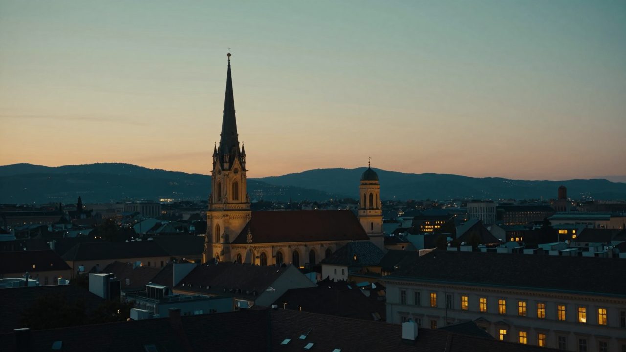 Vienna rooftops and spires in warm evening light.