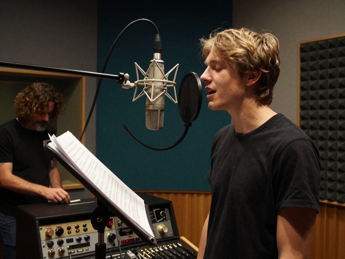 Vocal recording in the booth with pop filter and engineer.